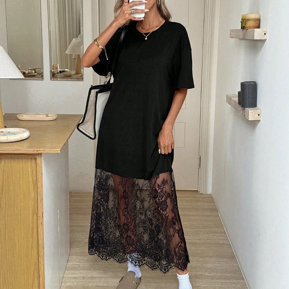 Black Casual Women's Loose Lace Elegant Crew Neck Short Sleeve Dress - Picture 5 of 6
